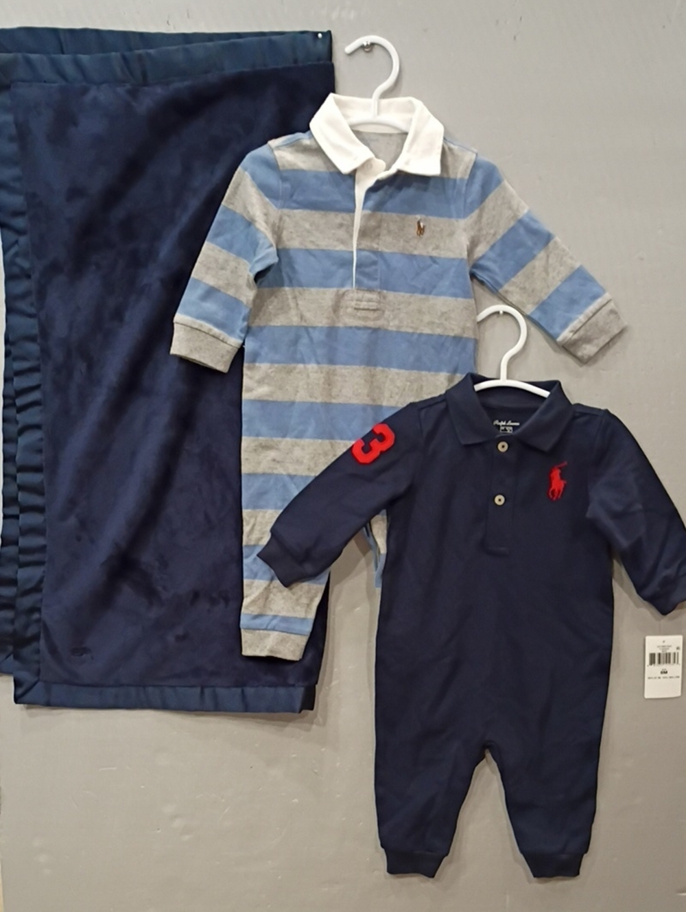 3pc Set Ralph Lauren Blanket Navy Polo Long-slvGray Blue L Slv Romper 6 Months